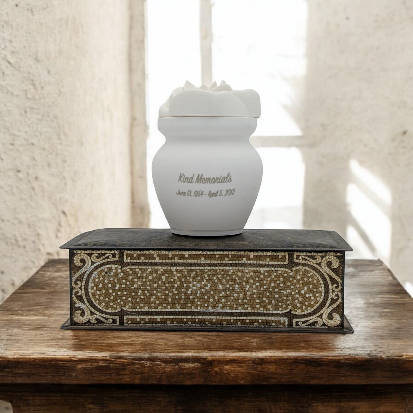 White Bio Urn with Rose Lid